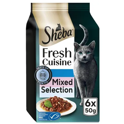Fresh Cuisine Mixed Selection, Taste of Tokyo, 6 packs of 50g each, certified sustainable seafood MSC, product image shows food serving suggestion.
