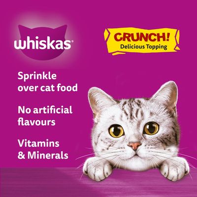 Crunch delicious topping. Sprinkle over cat food. No artificial flavours. Contains vitamins and minerals.