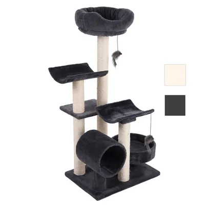 Cat tree with multiple levels, cave, resting areas and toy hangers. Available in cream and dark grey.