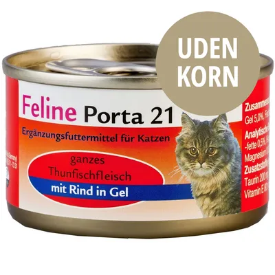 Feline Porta 21 kattemad dåse, tekst: Ergänzungsfuttermittel für Katzen, ganzes Thunfischfleisch mit Rind in Gel, UDEN KORN. Billede af kat på emballagen.