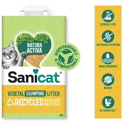Sanicat Vegetal Clumping Litter, Natura Activa, 6L. Biodegradable & compostable. Recycled. Chemicals free, bad odours retention, highly absorbent, no dust, WC compatible. Tekst częściowo po angielsku.