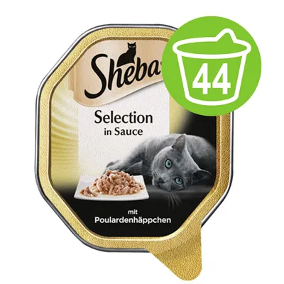Sheba Selection in Sauce, mit Poulardenhäppchen. Billede af kat og foder på emballagen. Grøn ikon med spand og tallet 44.