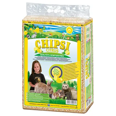 Chipsi Citrus качествена постелка за домашни любимци, 3,2 кг, с аромат на лимон, без прах, естествени растителни влакна, силно задържане на миризми, 100% компостируема.
