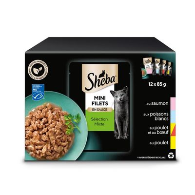 Sheba Mini Filets en sauce Sélection Mixte, 12 x 85 g. Variétés : au saumon, aux poissons blancs, au poulet et au bœuf, au poulet. Certifié MSC, ingrédients naturels.