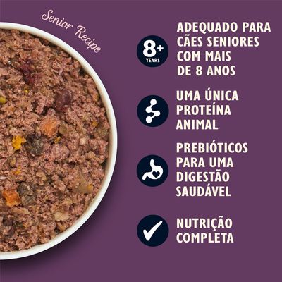 Adequado para cães seniores com mais de 8 anos, uma única proteína animal, prebióticos para uma digestão saudável, nutrição completa. Texto em inglês: Senior Recipe, 8+ years.
