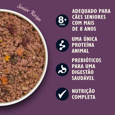 Adequado para cães seniores com mais de 8 anos, uma única proteína animal, prebióticos para uma digestão saudável, nutrição completa. Texto em inglês: Senior Recipe, 8+ years.