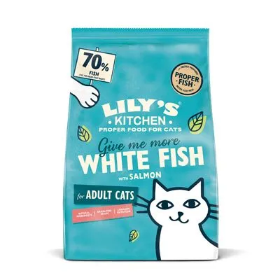Lily's Kitchen Give me more White Fish with Salmon kattenvoer voor volwassen katten, 70% vis, Proper Food for Cats, natuurlijke ingrediënten, graanvrij recept, zonder kunstmatige toevoegingen. Lily's Kitchen Give me more White Fish with Salmon kattenvoer voor volwassen katten, 70% vis, Proper Food for Cats, natuurlijke ingrediënten, graanvrij recept, zonder kunstmatige toevoegingen.