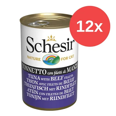 Schesir Nature for Cat, Thunfisch mit Rindfilet, 12x Dosen. Mehrsprachige Beschriftung: Italienisch, Englisch, Französisch, Deutsch, Spanisch, Niederländisch.