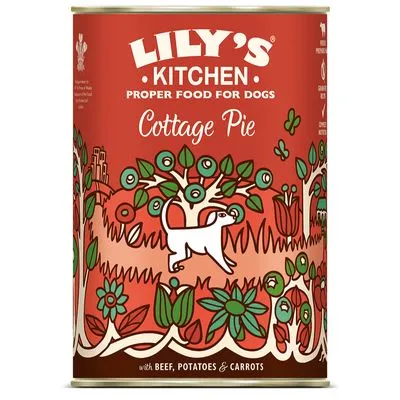 Lily's Kitchen Proper Food for Dogs Cottage Pie, met rundvlees, aardappelen en wortels. Tekst op blik: 'with beef, potatoes & carrots'.
