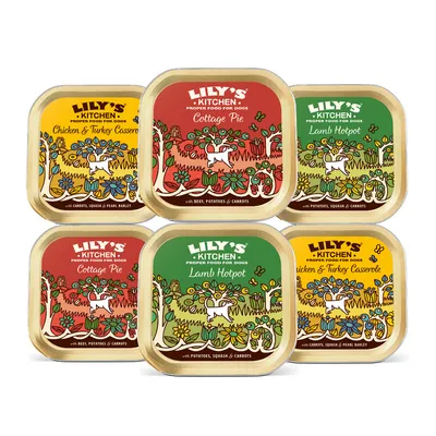 Seis embalagens de comida húmida para cães Lily's Kitchen: Cottage Pie, Lamb Hotpot e Chicken & Turkey Casserole. Textos visíveis em inglês nos rótulos.