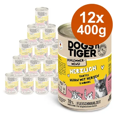 DOGS'N TIGER γεύμα, 12x400g κονσέρβες, τρυφερό κοτόπουλο με καρδιές και καρότο, 70% περιεκτικότητα σε κρέας, για ενήλικες γάτες. Πιστοποιημένα βιώσιμο.
