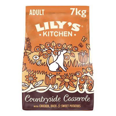 Lily's Kitchen Proper Food for Dogs, Adult, Grain Free Recipe, Proper Meat, Countryside Casserole with chicken, duck & sweet potatoes. Brown bag with floral design and dog illustration.