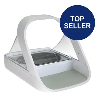 Automatischer Futterspender mit weißem Design und transparentem Deckel. Blauer Kreis mit Text 'Top Seller'.