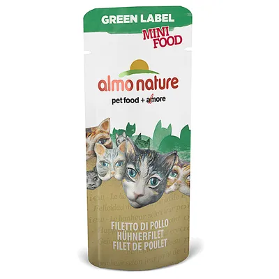 Almo Nature Green Label Mini Food kattmat, text: pet food + amore, filett av kyckling, Hühnerfilet, Filet de Poulet. Flera kattansikten syns på förpackningen.