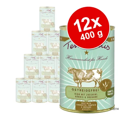 Zestaw 12 puszek Terra Canis, każda 400 g. Widoczny napis: Getreidefrei, Rind mit Zucchini, Kürbis & Oregano, 100% Natur. Opakowanie z wizerunkiem krowy.