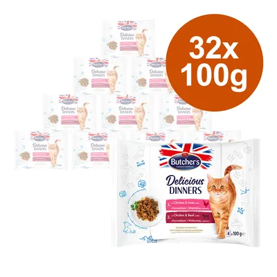 Butcher's Delicious Dinners pour chat, lot de 32 sachets de 100 g. Texte visible : Chicken & Liver, Chicken & Beef. Illustration d’un chat roux sur l’emballage.