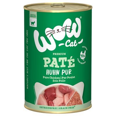 WOW Cat Premium Paté Huhn Pur kattenvoer, blik met afbeelding van kippenvlees, 70% kip, graanvrij, tekst in meerdere talen zichtbaar op het etiket.