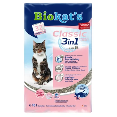 Biokat's Classic 3in1 fresh stelivo pro kočky, rychlé pohlcování zápachu, pevné hrudky, vydatné. Vylepšené složení, vůně dětského pudru, vyrobeno v Německu, vystačí na 32 dní.