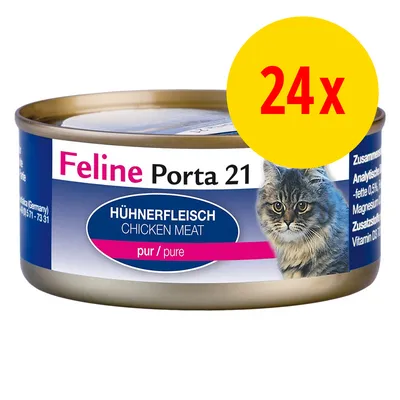 Feline Porta 21 kattemad dåse, Hühnerfleisch Chicken Meat pur/pure. Billede viser 24x pakning. Kat og produktnavn synligt på emballagen.