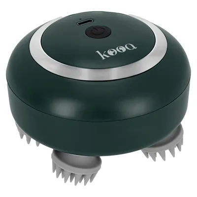 kooa massageapparaat met donkergroene behuizing, zilverkleurige rand en vier grijze massagekoppen.