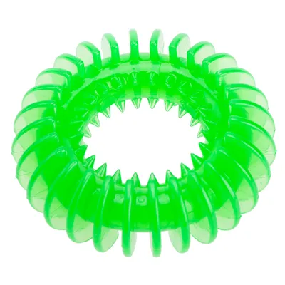 Groene kunststof ring met gekartelde randen, geschikt als speelgoed of kauwhulp.