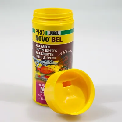 JBL Pro Novo Bel Fischfutter für alle Arten, Granulat mittelgross, sinkend, geeignet für Fische von 8-20 cm. Prebiotisch, 20% mehr Inhalt.