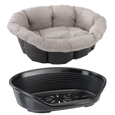 Letto per pet grigio imbottito con struttura in plastica nera. Letto in tessuto morbido con base rimovibile.