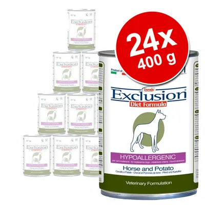 Exclusion Diet Formula Hypoallergenic Horse and Potato vådfoder til hund, 24 x 400 g dåser vist. Stor rød cirkel med teksten '24x 400 g'.