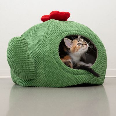 Grön katthåla med röd accent i strukturerat tyg. En katt sitter inuti och tittar uppåt.