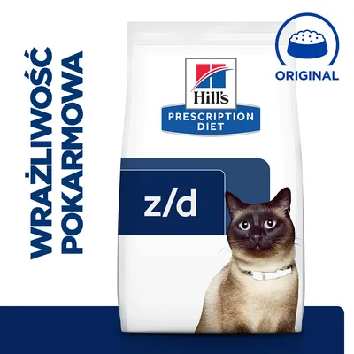 Hill's Prescription Diet z/d dla kotów, napis: wrażliwość pokarmowa, symbol miski z napisem Original, zdjęcie kota na opakowaniu.