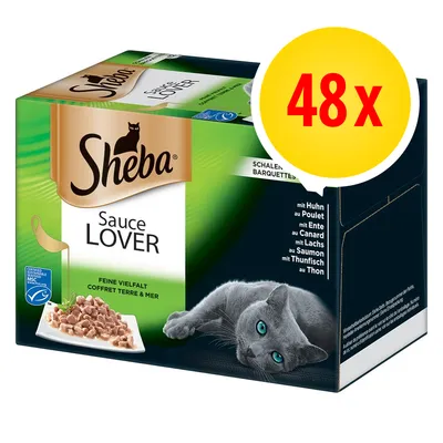 Confezione Sheba Sauce Lover, 48 vaschette. Testo visibile: mit Huhn, mit Ente, mit Lachs, mit Thunfisch. Immagine di un gatto grigio e cibo su piatto.