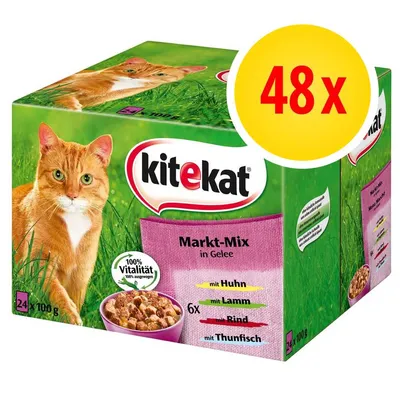 Confezione Kitekat Markt-Mix in Gelee, 48x100g, visibile gatto arancione, scritte: 100% Vitalität, mit Huhn, Lamm, Rind, Thunfisch, 6x ciascun gusto. Confezione Kitekat Markt-Mix in Gelee, 48x100g, visibile gatto arancione, scritte: 100% Vitalität, mit Huhn, Lamm, Rind, Thunfisch, 6x ciascun gusto.