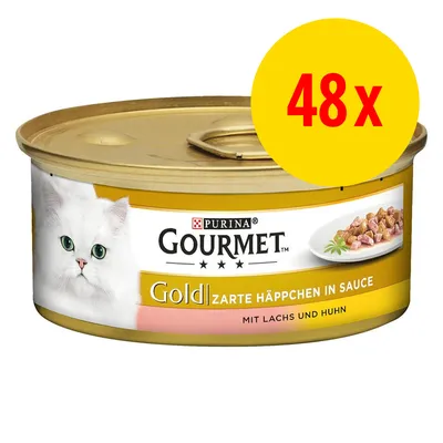 Boîte Purina Gourmet Gold Zarte Häppchen in Sauce, mit Lachs und Huhn, lot de 48x indiqué en jaune sur l’emballage. Texte en allemand.