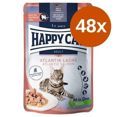 Happy Cat Adult Atlantik Lachs Atlantic Salmon våtfoder för vuxna katter, 48x. Text: Also for sterilised cats, Made in Germany, All in One, 1+ years. Bild på katt och foderbitar.