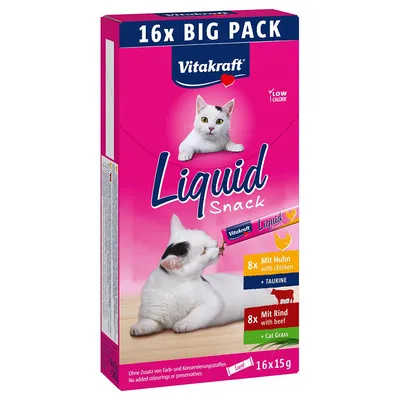Vitakraft Liquid Snack 16x15g, 8x au poulet avec taurine, 8x au bœuf avec herbe à chat. Sans colorants ni conservateurs ajoutés. Texte en anglais et allemand visible. Vitakraft Liquid Snack 16x15g, 8x au poulet avec taurine, 8x au bœuf avec herbe à chat. Sans colorants ni conservateurs ajoutés. Texte en anglais et allemand visible.