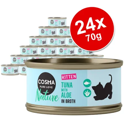 Cosma Pure Love Nature Kitten Tuna with Aloe in Broth, 24 x 70g tins shown. Blue label with kitten silhouette and icons for fish and aloe.