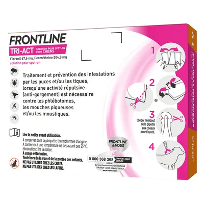 FRONTLINE TRI-ACT solution pour spot-on chiens, Fipronil 67,6 mg, Perméthrine 504,8 mg. Traitement et prévention puces, tiques, phlébotomes, mouches piqueuses, moustiques. Mode d’emploi illustré.