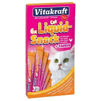 Vitakraft Cat Liquid Snack 6x med kyckling och taurin. Text: kalorienarm, utan färg- och konserveringsämnen. Bild på vit katt och portionsförpackningar.