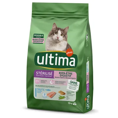 Ultima Sterilisé Bien-être Digestif krmivo pre mačky s pstruhom, 10 kg. Bez farbív a konzervačných látok. Zloženie: jačmeň, hrach, celozrnné obilniny.