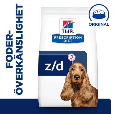 Hill's Prescription Diet z/d hundfoder, text: FODERÖVERKÄNSLIGHET och ORIGINAL, bild på en hund på förpackningen.