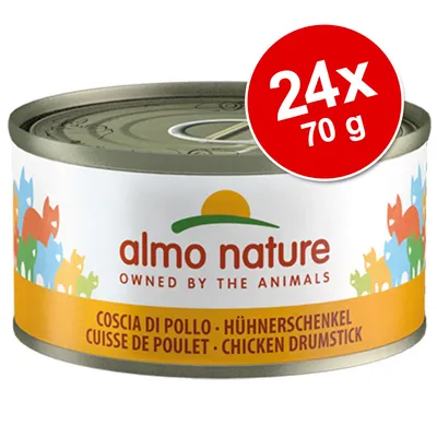 almo nature Chicken Drumstick, 24x70 g. Teksti: COSCIA DI POLLO, HÜHNERSCHENKEL, CUISSE DE POULET, CHICKEN DRUMSTICK. Purkissa värikkäitä eläinhahmoja.