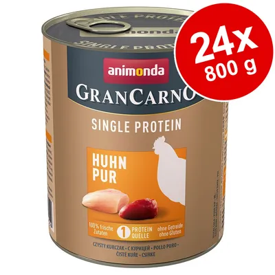 animonda GranCarno Single Protein Huhn Pur -kana, 24 x 800 g. Tekstit: 100 % frische Zutaten, 1 Proteinquelle, ohne Getreide ohne Gluten. Kuvassa kananlihaa ja kana.
