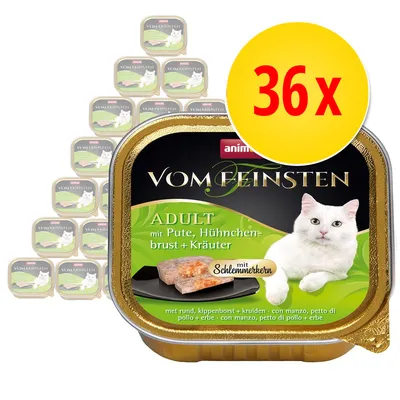 animonda Vom Feinsten ADULT mit Pute, Hühnerbrust + Kräuter kissanmärkäruoka, 36 kpl pakkaus. Etiketissä valkoinen kissa ja annosruoka.