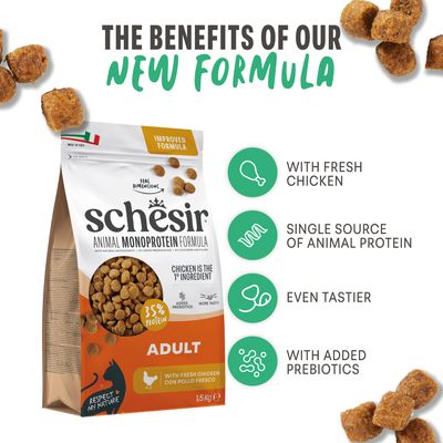 Schesir Animal Monoprotein Formula Adult, 1,5 kg. Fördelar: färsk kyckling, enskild animalisk proteinkälla, ännu smakligare, med tillsatta prebiotika.