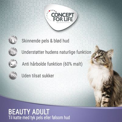 CONCEPT FOR LIFE. Skinnende pels & blød hud, understøtter hudens naturlige funktion, anti hårbolde funktion (60% malt), uden tilsat sukker. BEAUTY ADULT til katte med tyk pels eller følsom hud.