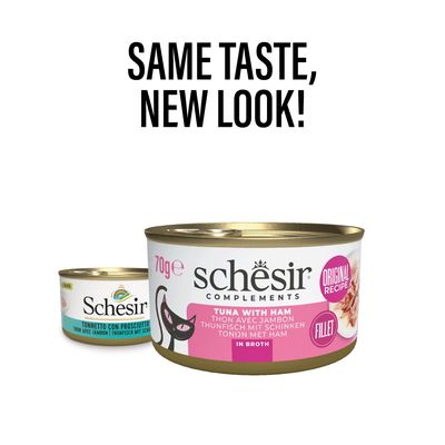 Schesir Complements Variety Pack para gatos adultos, 6x70g. Três variedades: atum, atum com dourada, atum com cenouras. Filetes 100% naturais em caldo, receita original.