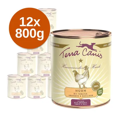 Terra Canis Huhn konzerv csomag kutyáknak, 12×800 g. Felirat: Huhn mit Tomaten, Amaranth & Basilikum. Csirke paradicsommal, amaránttal és bazsalikommal.