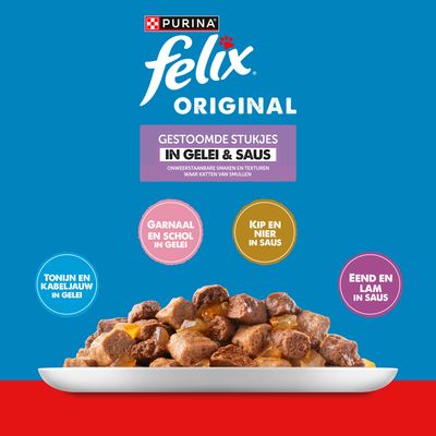 Purina felix Original. GESTOOMDE STUKJES IN GELEI & SAUS. Soorten: Garnaal en schol in gelei, kip en nier in saus, tonijn en kabeljauw in gelei, eend en lam in saus.