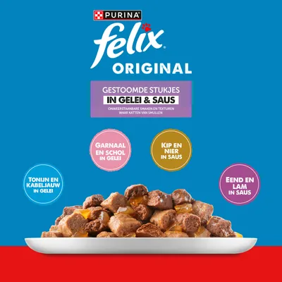 Purina felix Original. GESTOOMDE STUKJES IN GELEI & SAUS. Soorten: Garnaal en schol in gelei, kip en nier in saus, tonijn en kabeljauw in gelei, eend en lam in saus. Purina felix Original. GESTOOMDE STUKJES IN GELEI & SAUS. Soorten: Garnaal en schol in gelei, kip en nier in saus, tonijn en kabeljauw in gelei, eend en lam in saus.