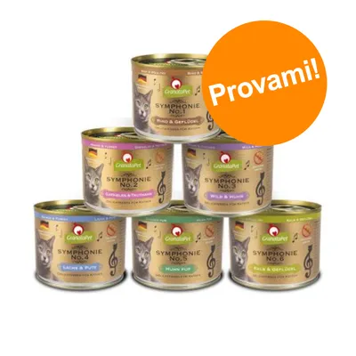 6 lattine GranataPet Symphonie per gatti, numerate da 1 a 6 con vari gusti visibili sulle etichette. Bollino arancione con testo: Provami!